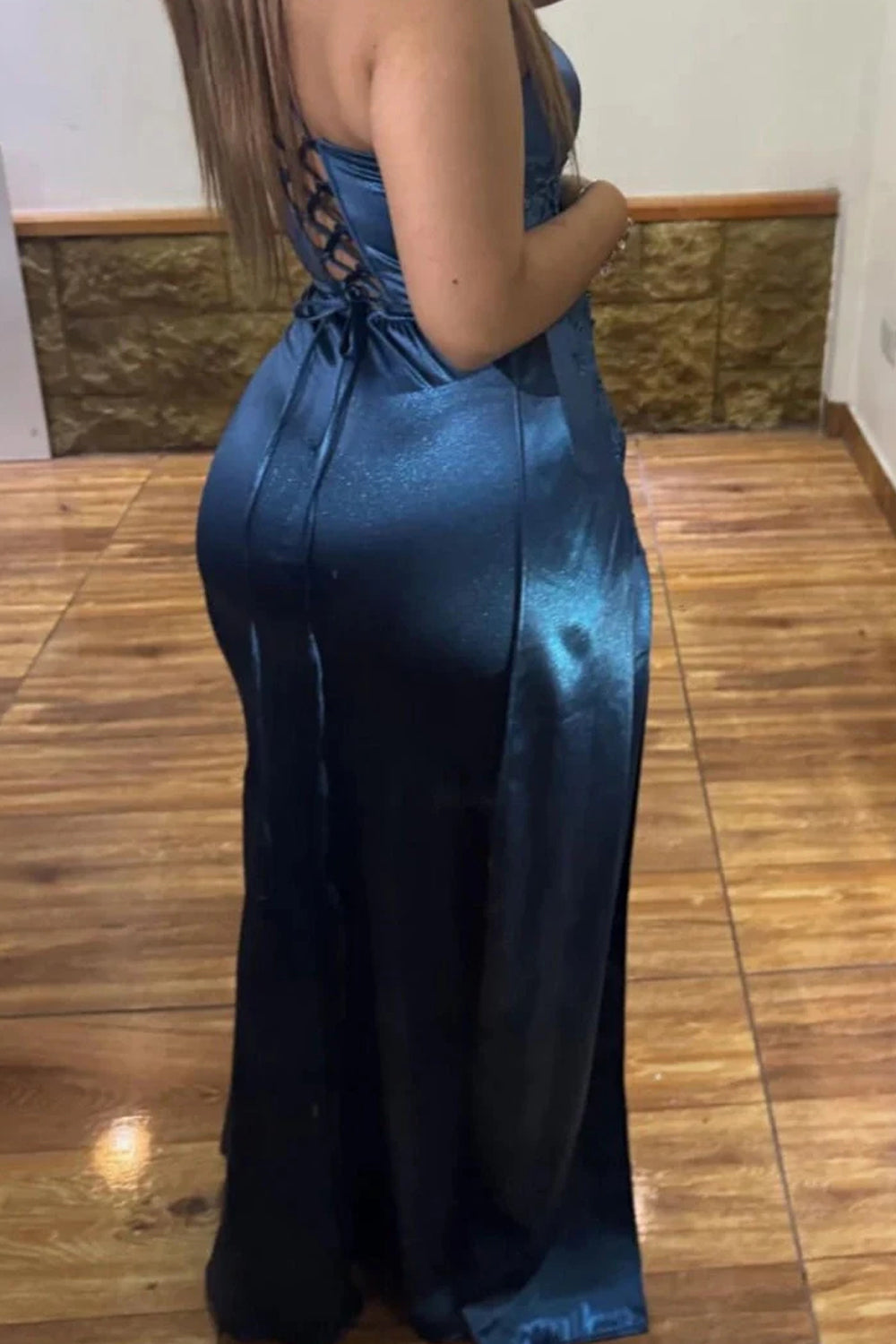 Navy Elastic Satin Lace Applique Sheath High Slit Prom Dress