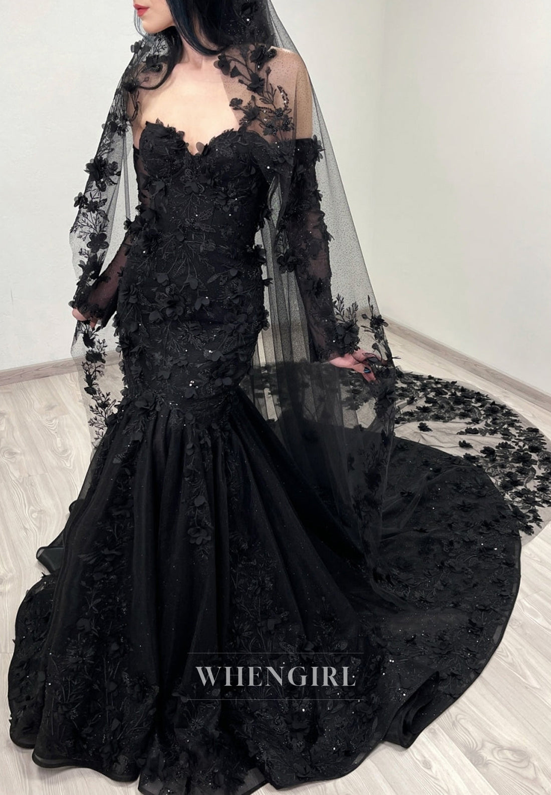 Black Appliqued Lace Sweetheart Long Sleeves Court Train Mermaid Wedding Dress