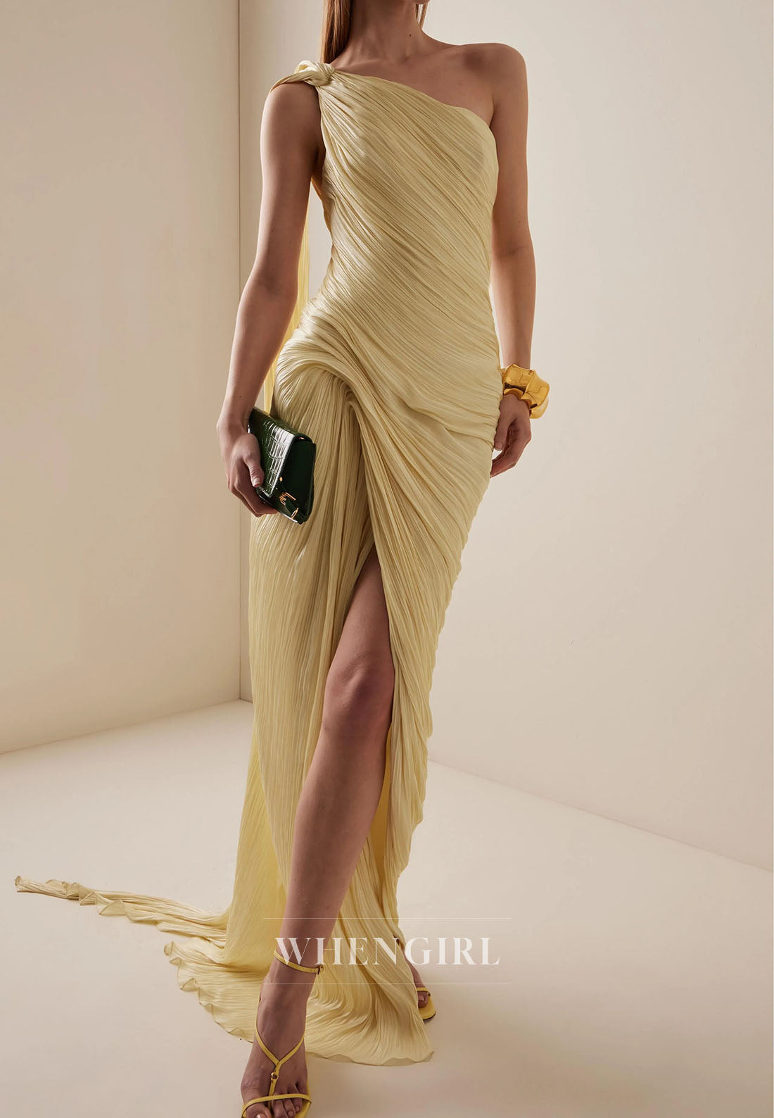 Yellow Ruched One Shoulder Sleeveless Side Slit Evening Dress