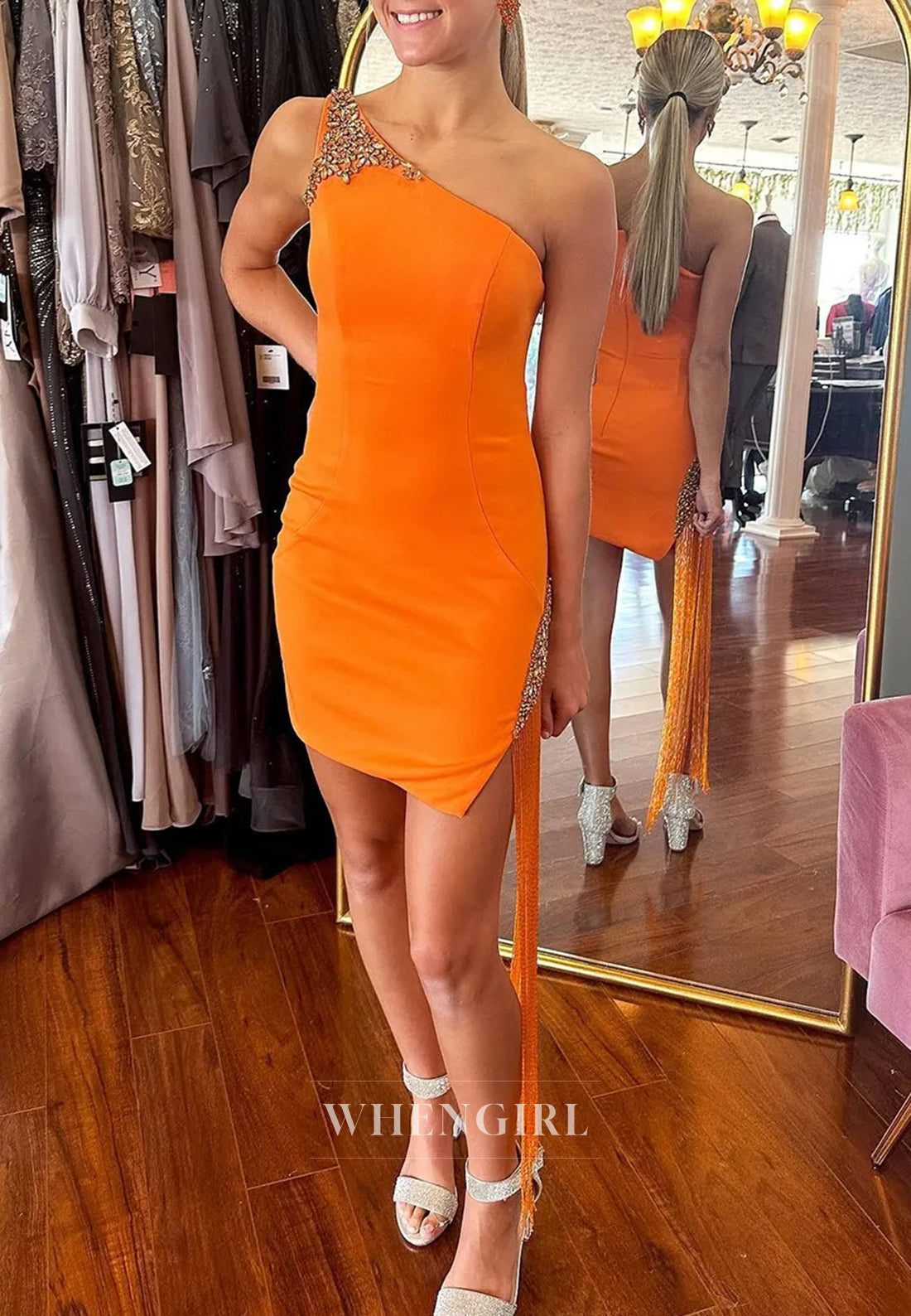 Orange One Shoulder Bodycon Beaded Short Homecoming Dress with Tassel
