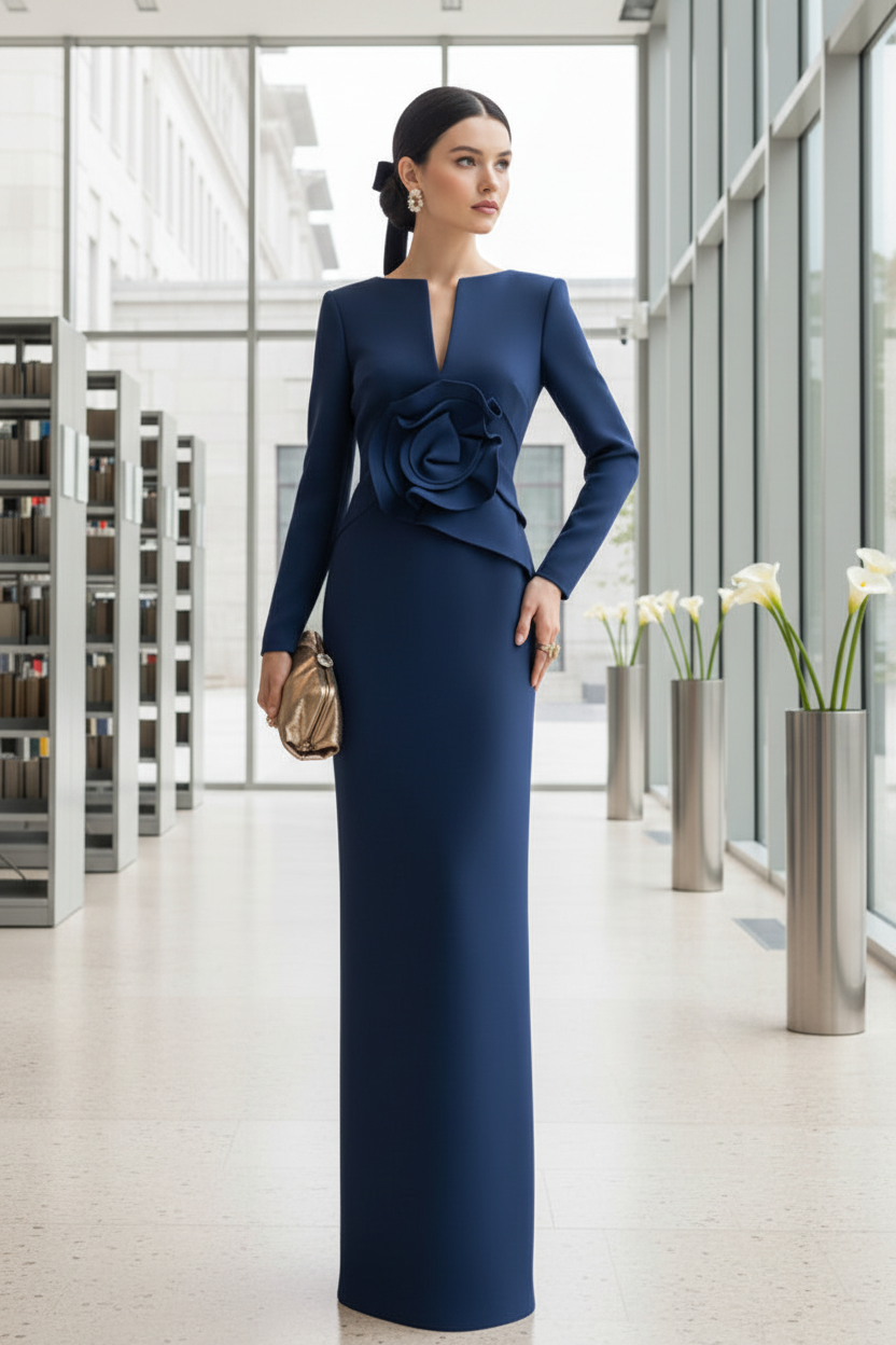 Burgundy V Neck Flower Long Sleeves Sheath Formal Evening Dress