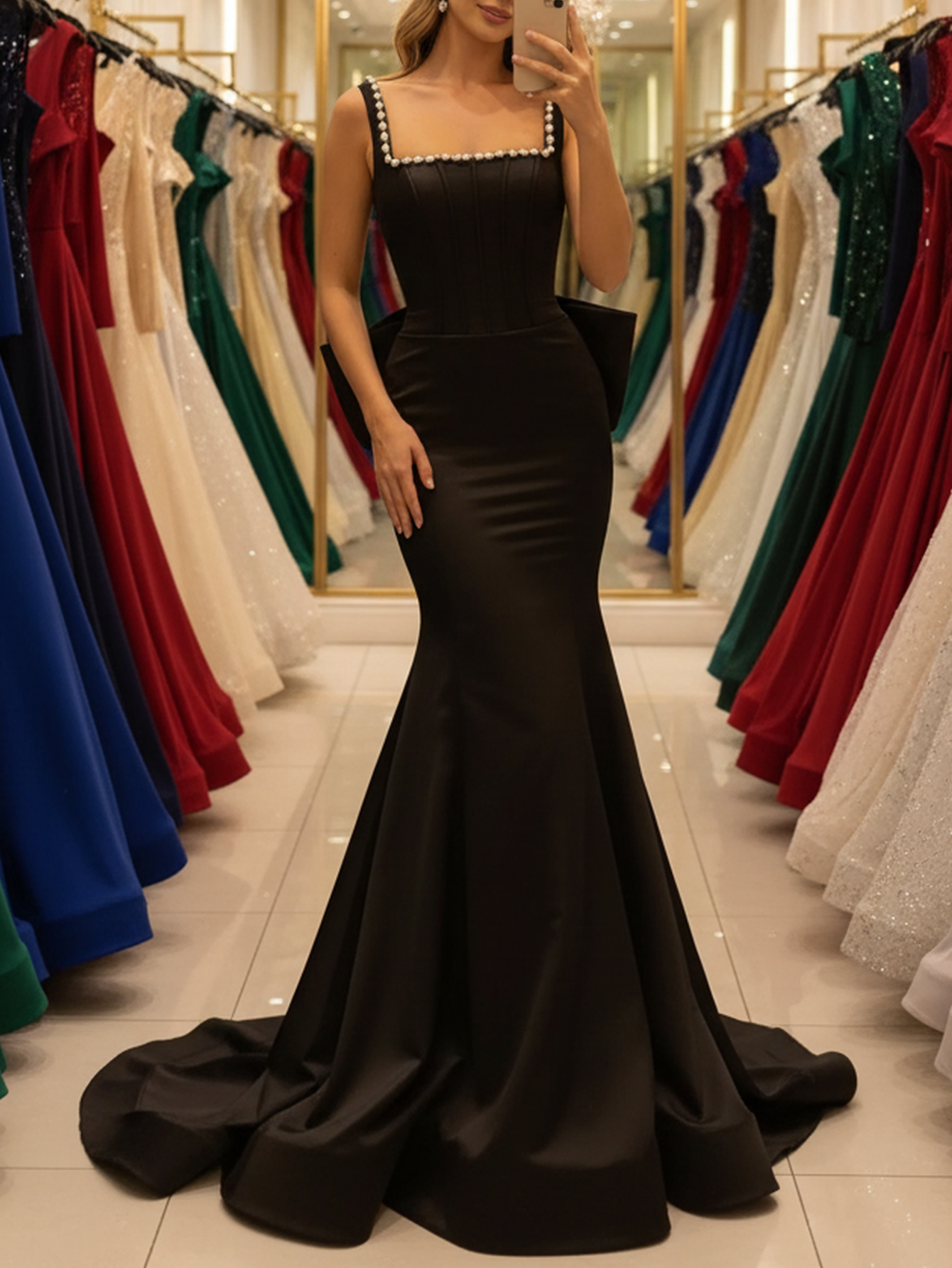 Big Bow Back Tank Square Beading Mermaid Satin Elegant Long Prom Dress - Black