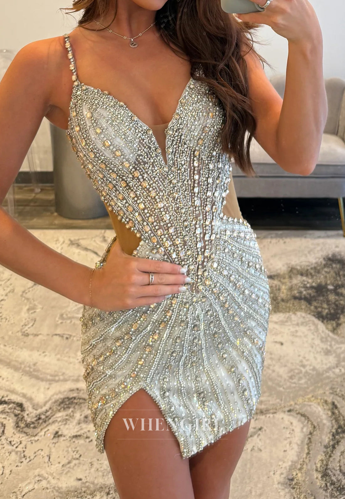 V Neck Cut Out Sleeveless Beaded Short Sheath Homecoming Dress with Side Slit