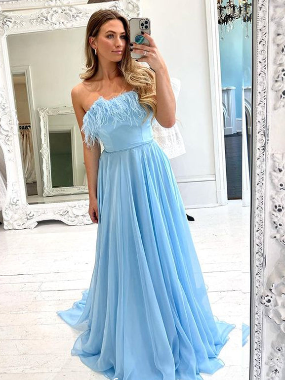 Pale Blue Chiffon Feather Strapless A-line Formal Dress