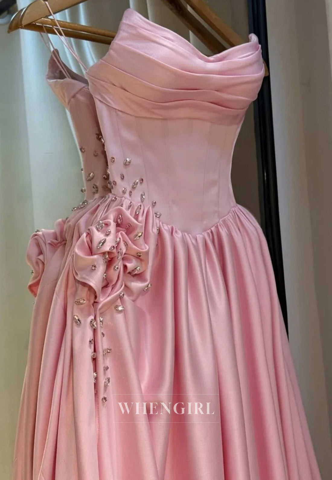Pink Satin A-Line Flower Strapless Sleeveless Beaded Side Slit Prom Dress