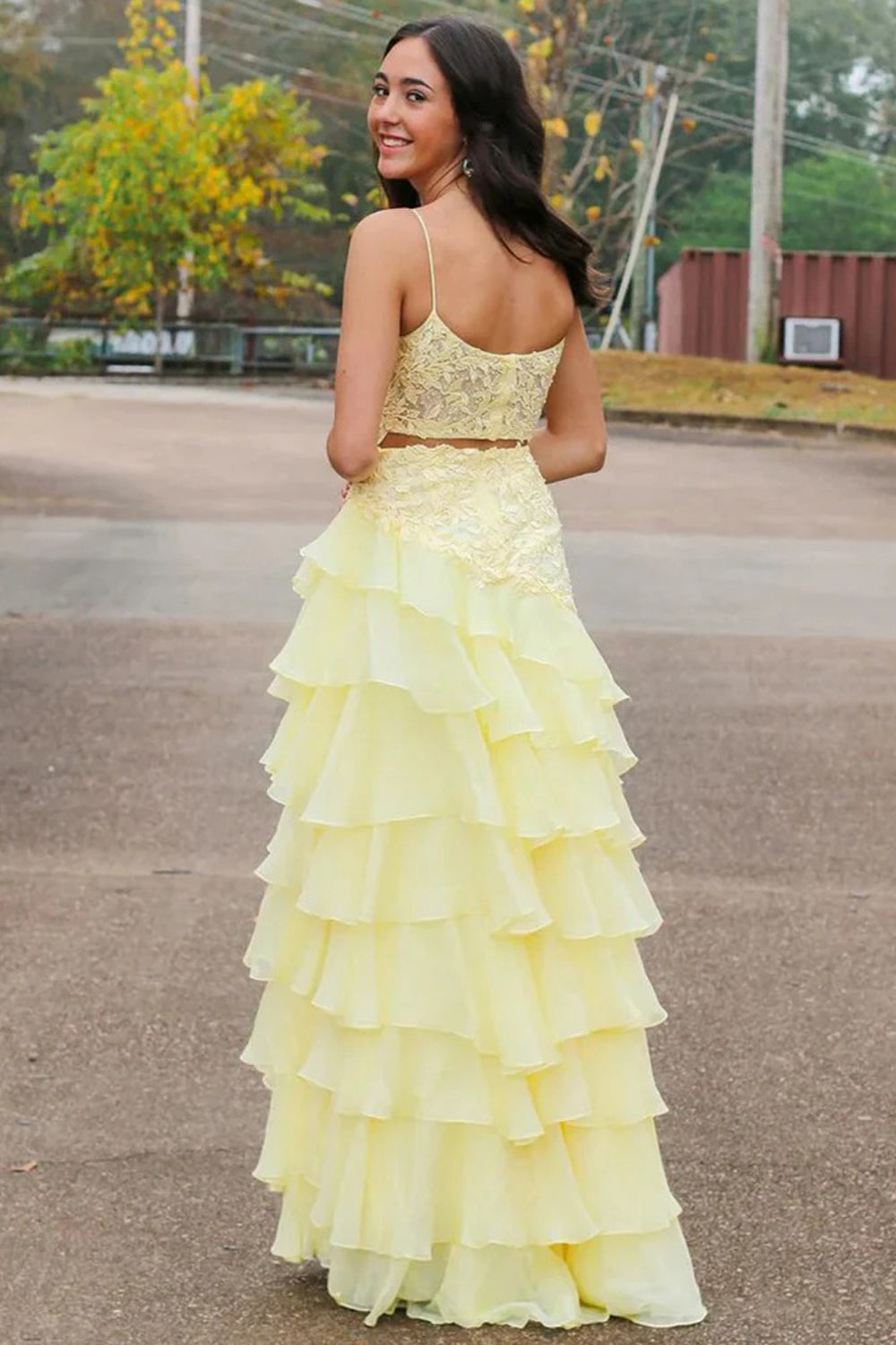 Pale Yellow Spaghetti Strap Lace Organza Tiered Ruffles A-line Prom Dress