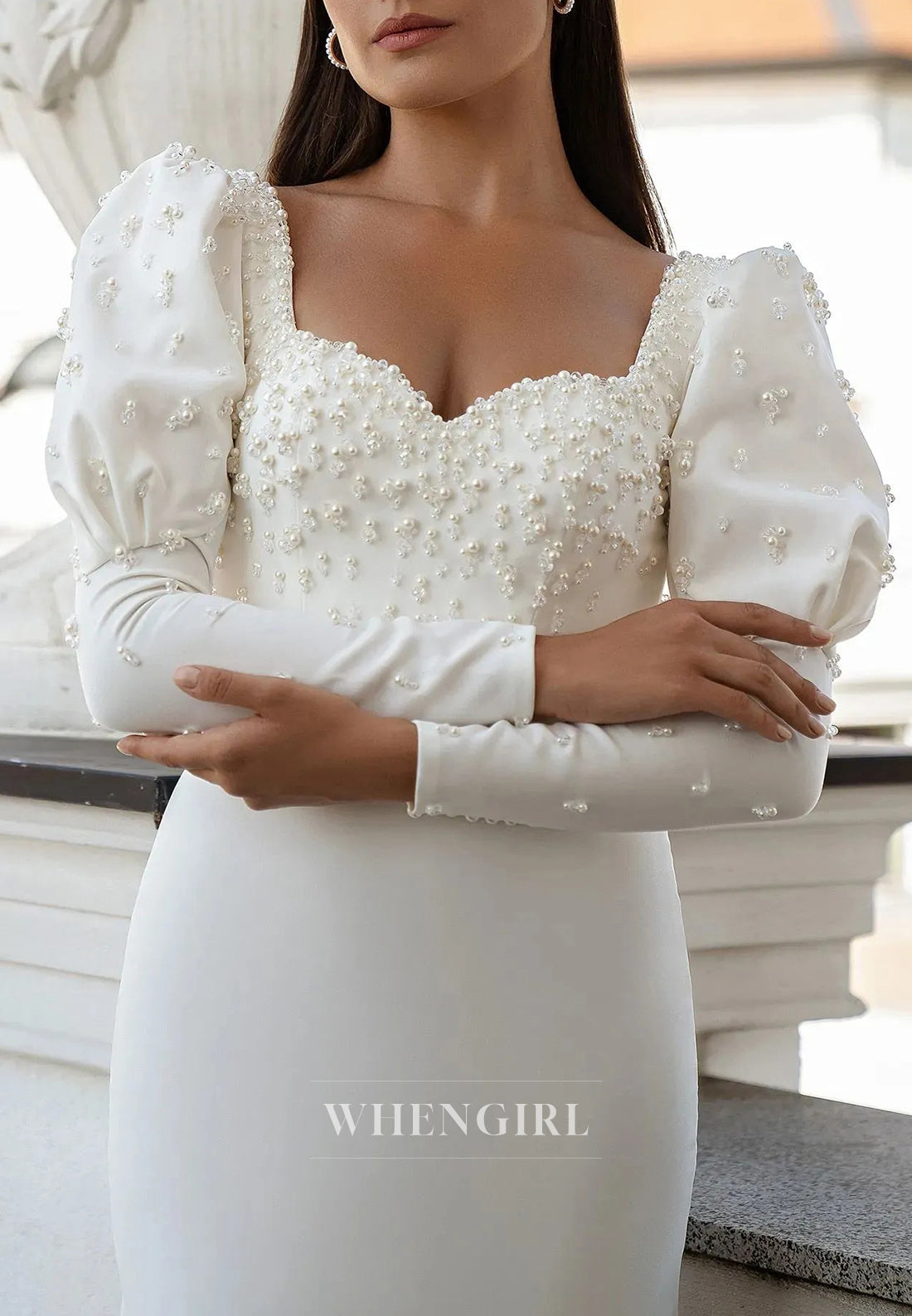 Sheath Sweetheart Satin Long Sleeve Beaded Wedding Dresses with Court Train