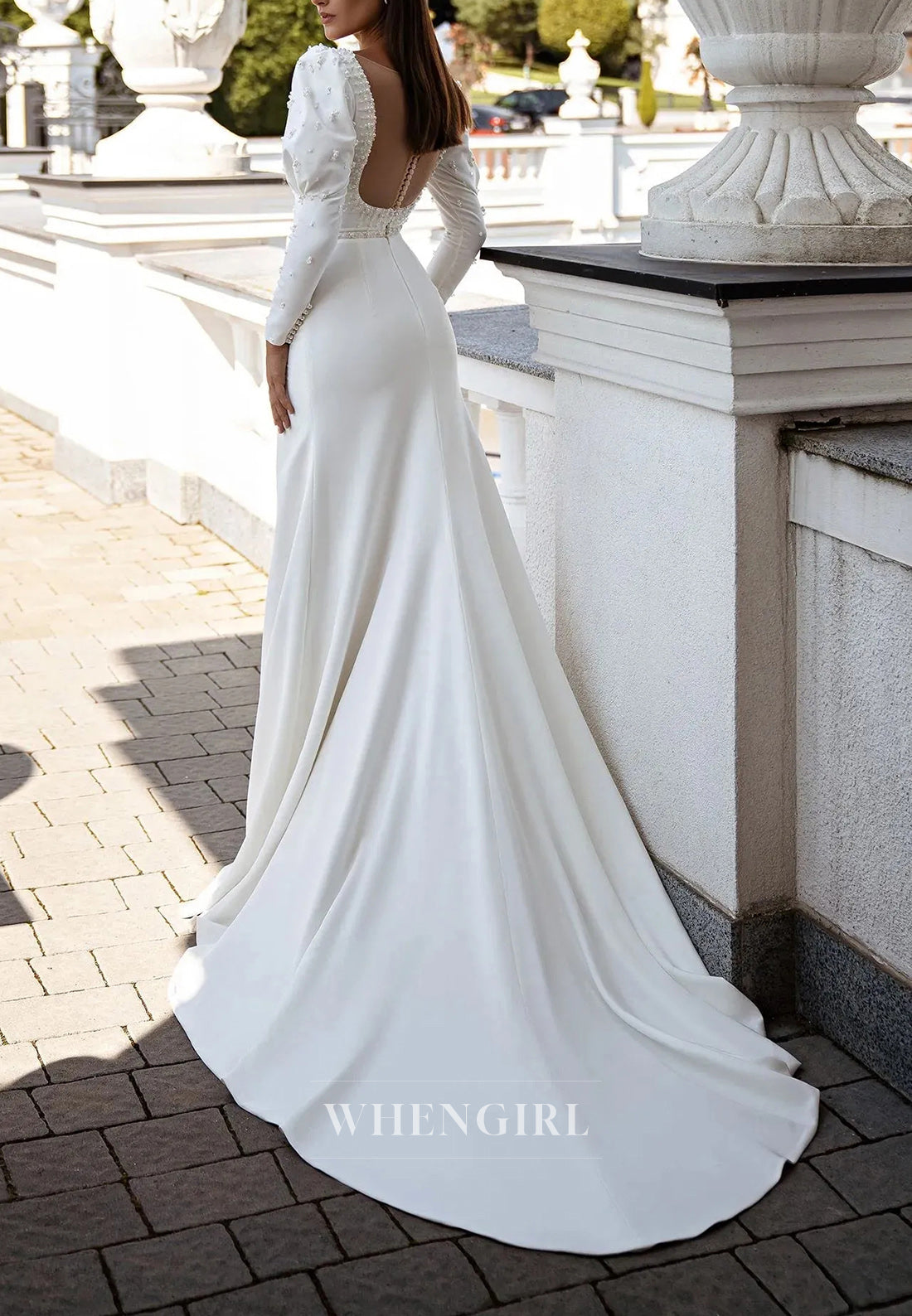 Sheath Sweetheart Satin Long Sleeve Beaded Wedding Dresses with Court Train