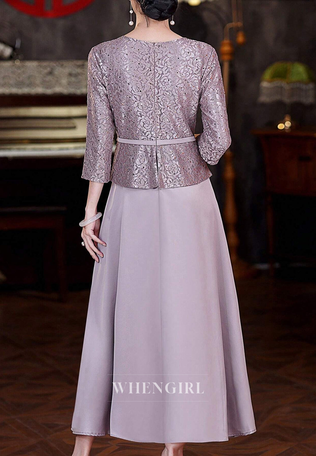 Purple 3/4 Sleeves A-Line Bateau Neck Tea Length Mother of the Bride Dress