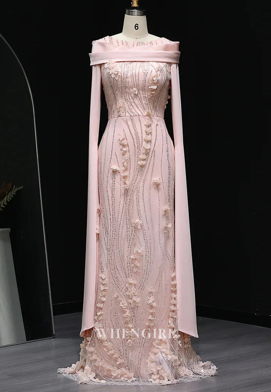 Column Bateau Neck Long Sleeves Floral Beaded Evening Formal Dress