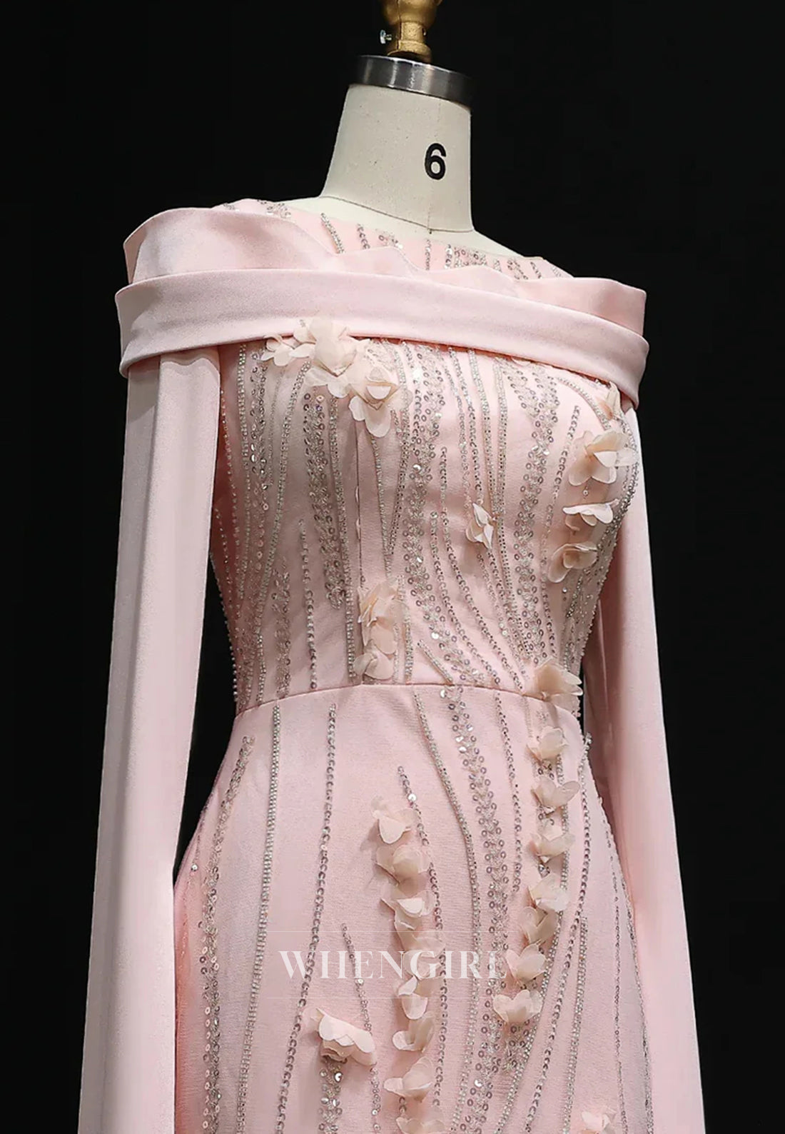 Column Bateau Neck Long Sleeves Floral Beaded Evening Formal Dress
