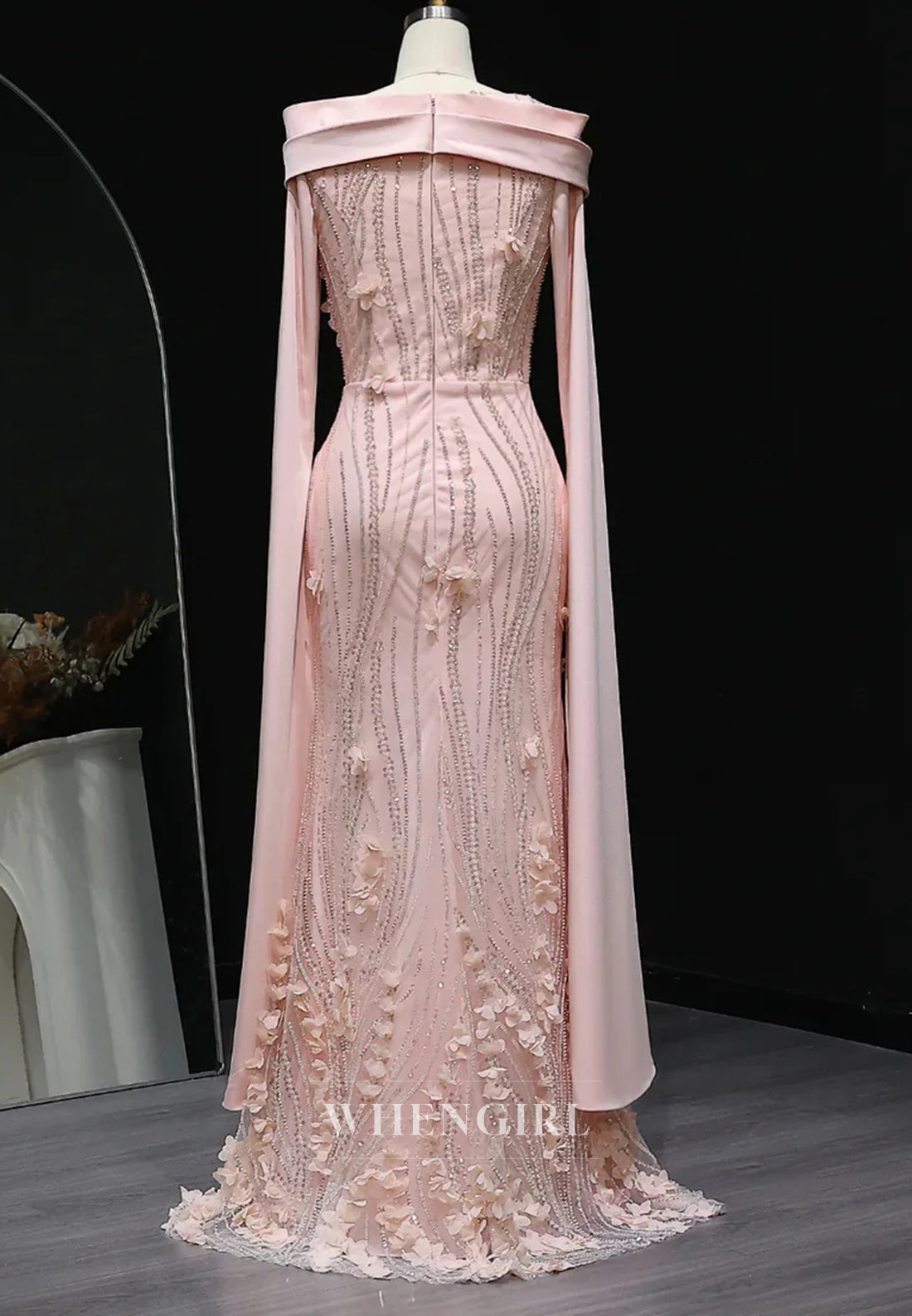 Column Bateau Neck Long Sleeves Floral Beaded Evening Formal Dress