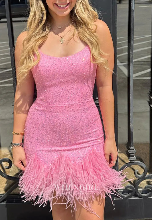 Candy Pink Spaghetti Straps Sequins Lace Up Bodycon Short Homecoming Dress with Feather