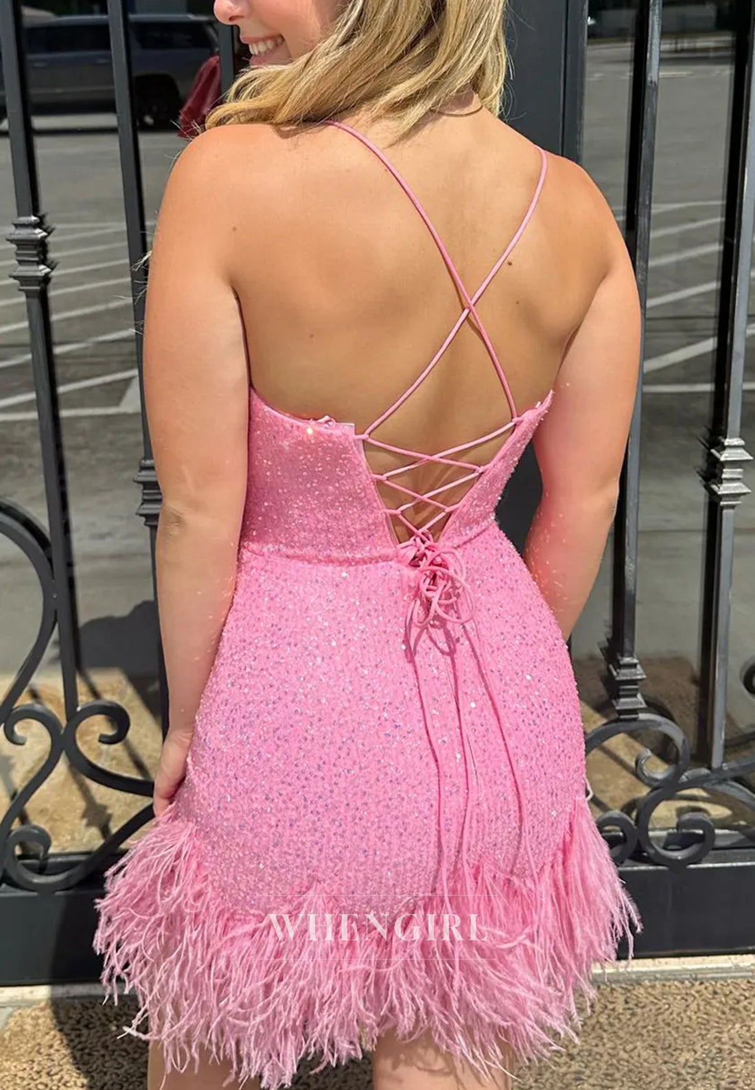 Candy Pink Spaghetti Straps Sequins Lace Up Bodycon Short Homecoming Dress with Feather