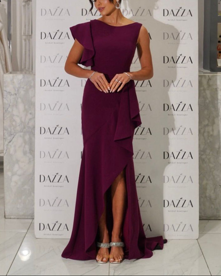 Grape Bateau Neck Ruffles Side Slit Mermaid Evening Dress