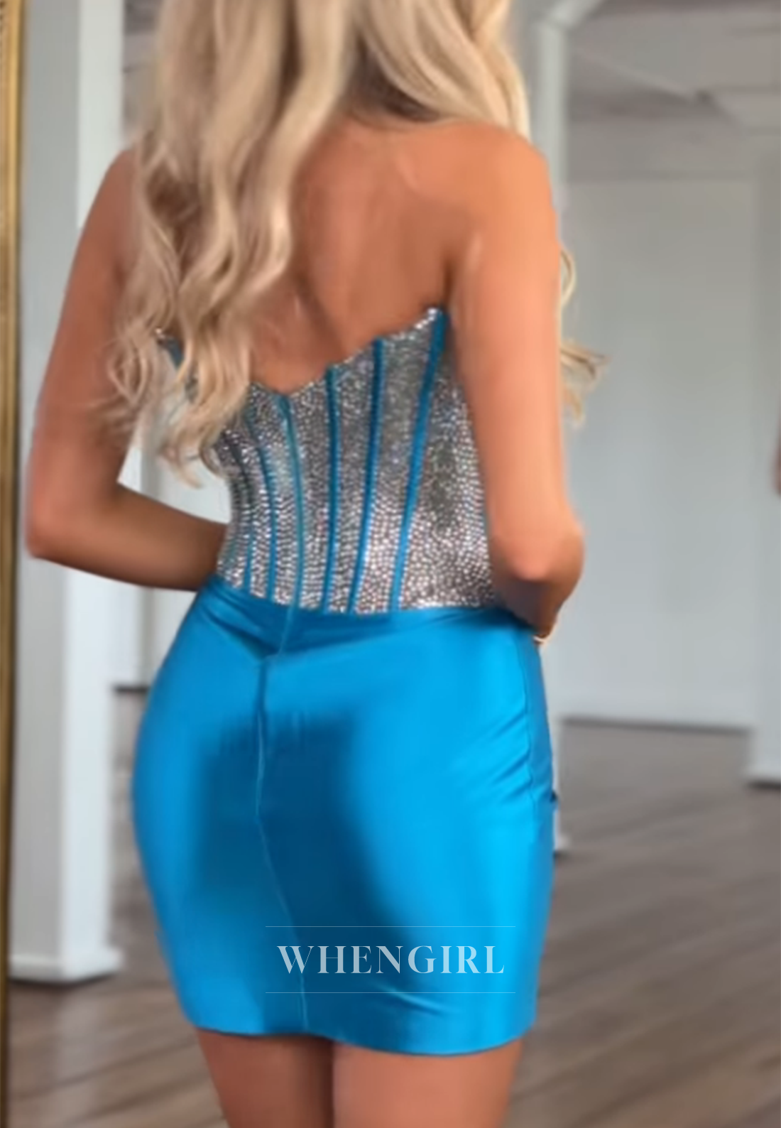 Ocean Blue Strapless Beaded Pleated Sheath Short Homecoming Dress