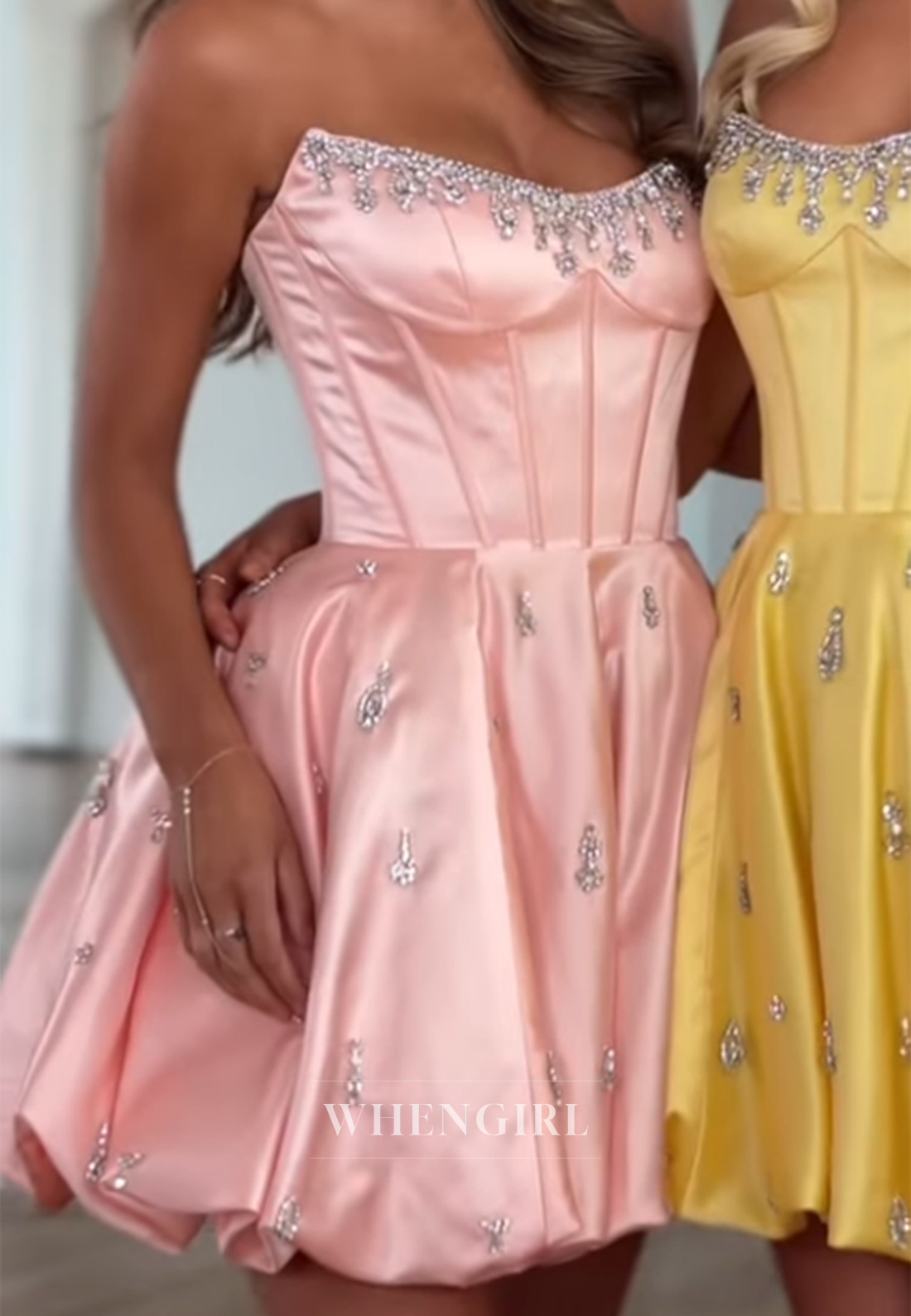 A-Line Bateau Neck Sleeveless Strapless Beads Satin Homecoming Dress