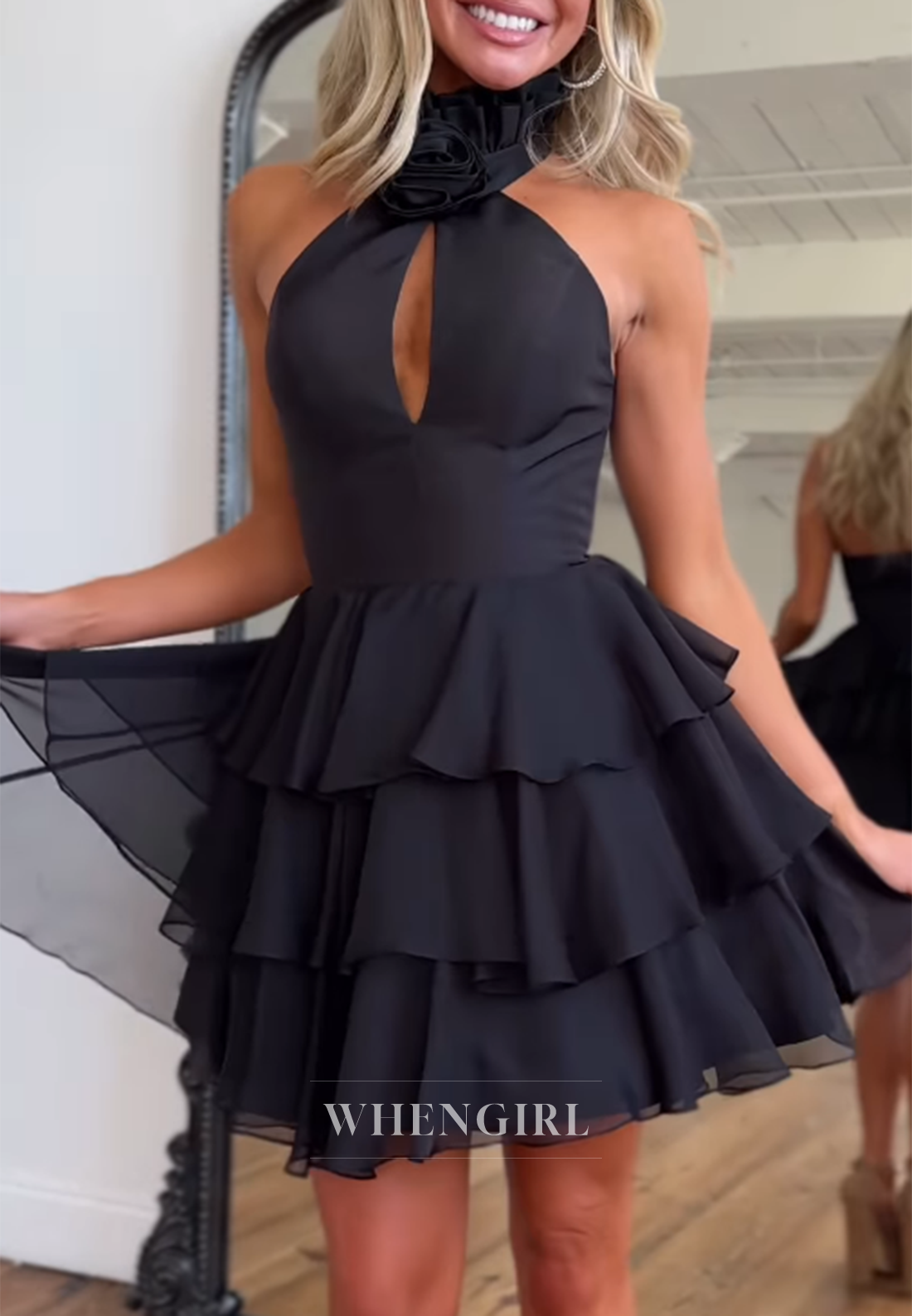 Petite Halter Cut Out Sleevless Multi Tiered Ruffles A-Line Homecoming Dress