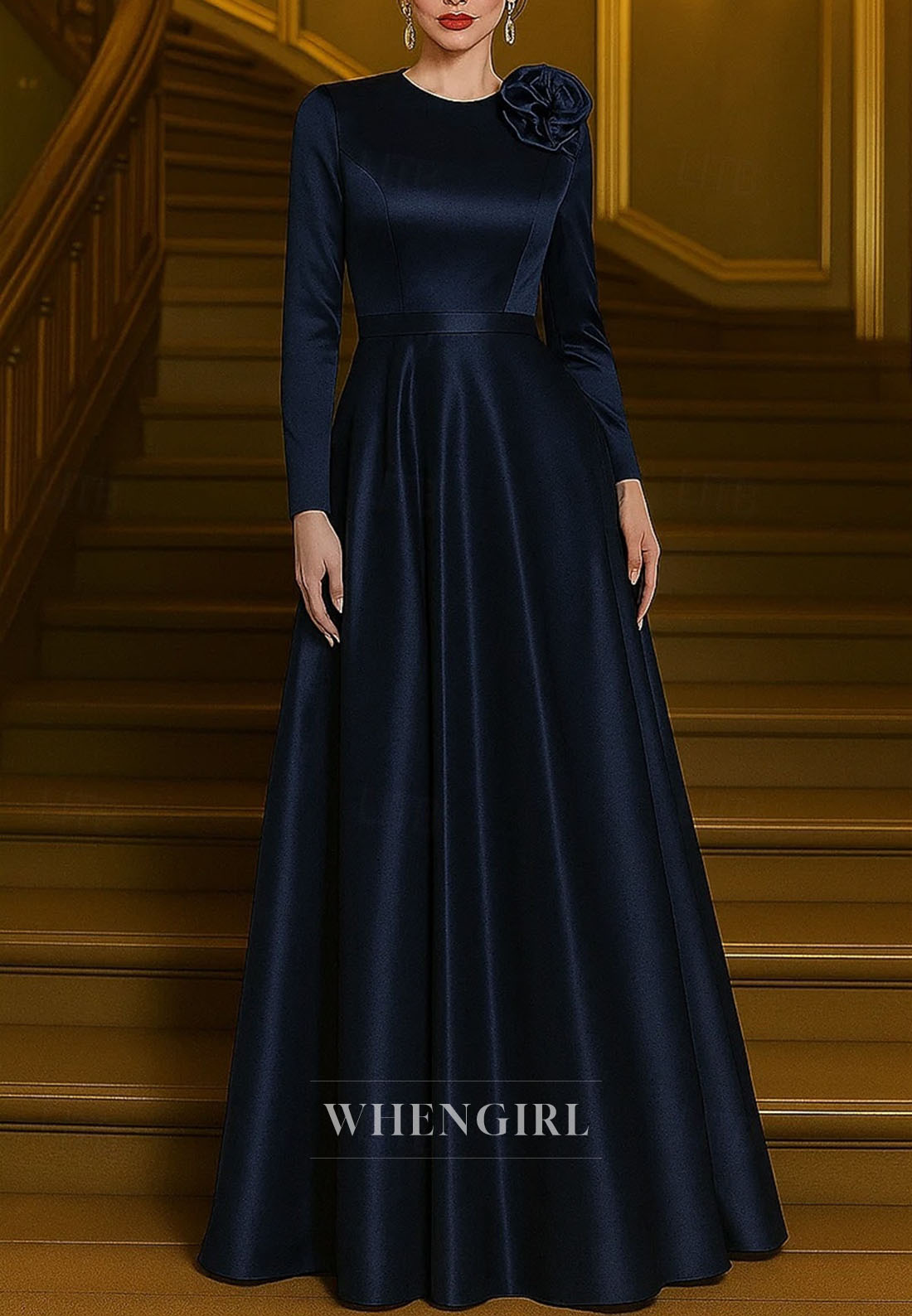 Satin A-Line Long Sleeves Flower Floor Length Mother of the Bride Dress