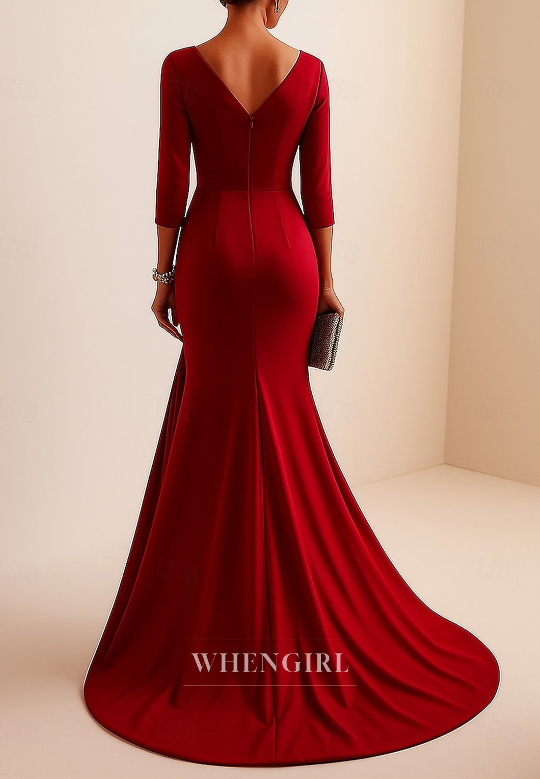 Mermaid V Neck 3/4 Sleeves Pleated Sweep Train Mother of the Bride Dress Evening Gown
