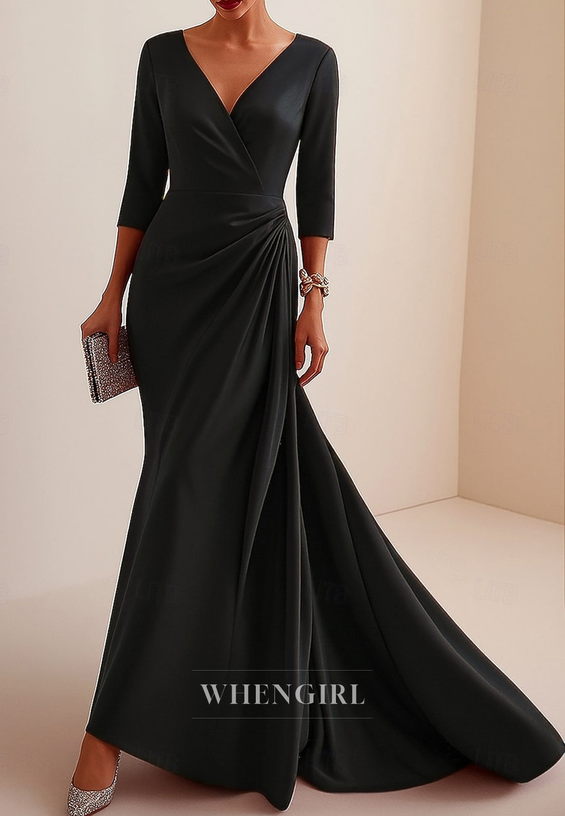 Mermaid V Neck 3/4 Sleeves Pleated Sweep Train Mother of the Bride Dress Evening Gown