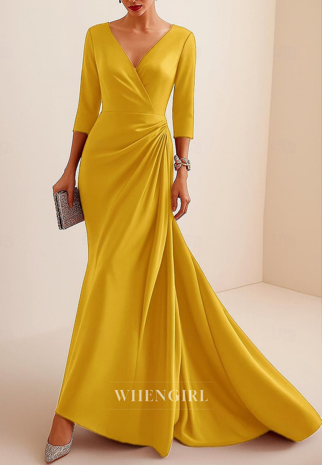 Mermaid V Neck 3/4 Sleeves Pleated Sweep Train Mother of the Bride Dress Evening Gown
