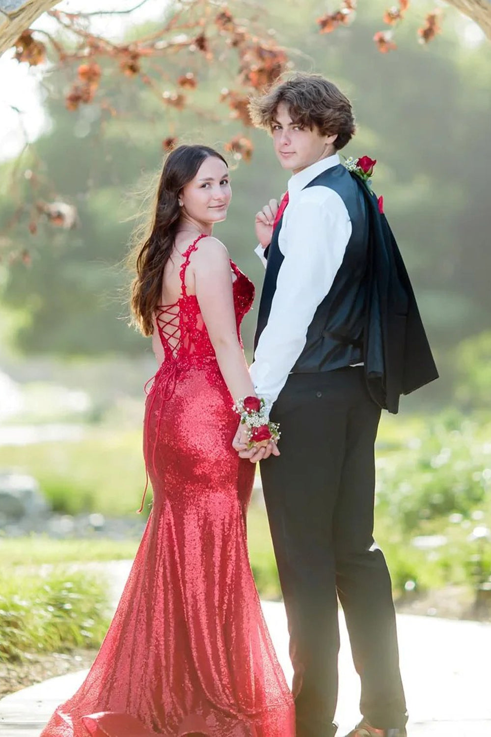Red Lace Applique Sequin Lace-Up Back Mermaid Shiny Prom Dress