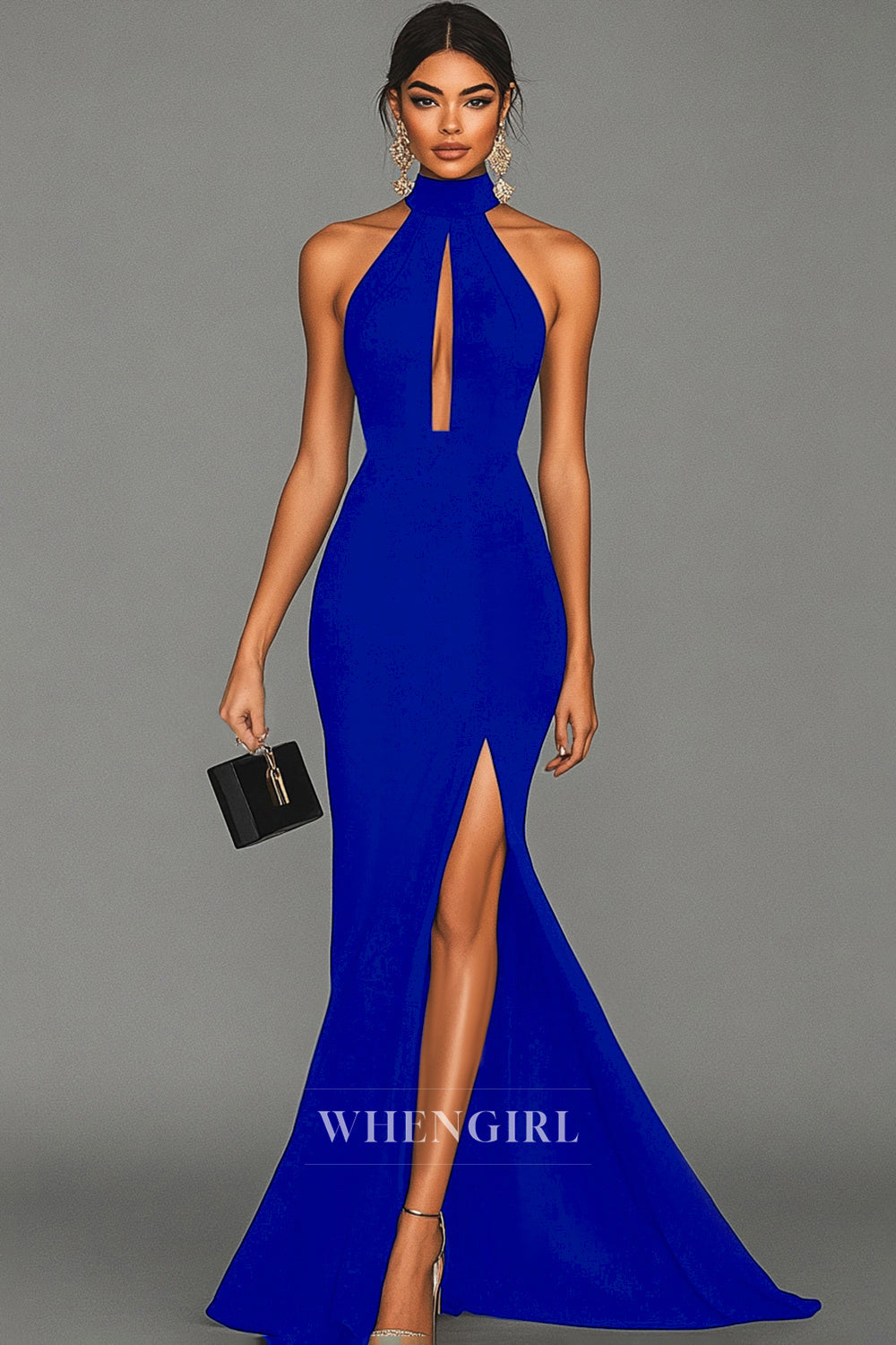 Sexy High Neck Sleeveless Sheath High Slit Satin Gala Dress Formal Gowns with Cut Outs