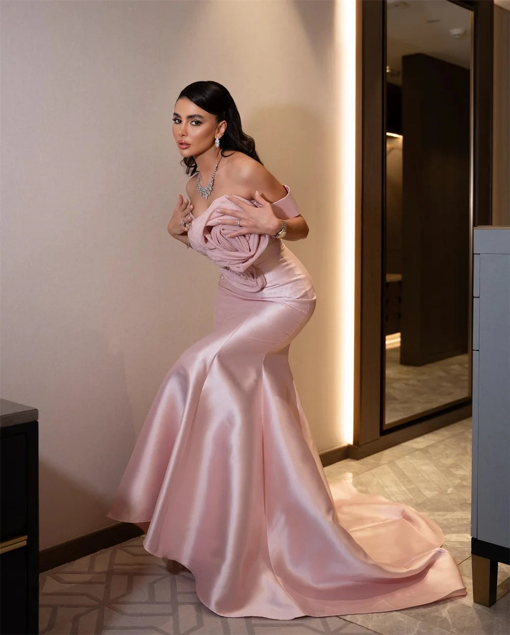Customized Pink Off Shoulder 3D Flower Prom Dresses Sleeveless Mermaid Evening Dress