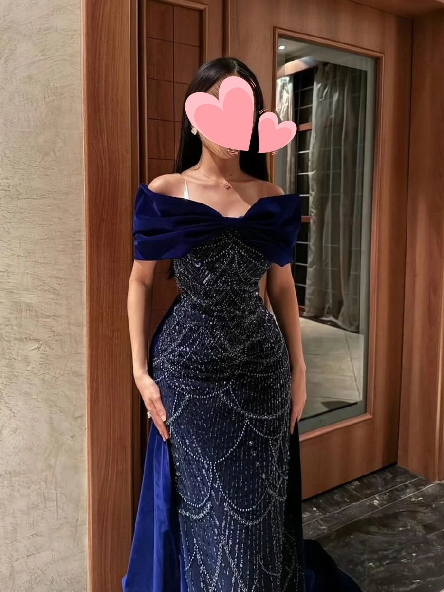 Oisslec Dress Elegant Vintage Sweet Navy Blue Lace Beads Velvet Bow Customized Formal Occasion Prom Dress Evening Party Gowns