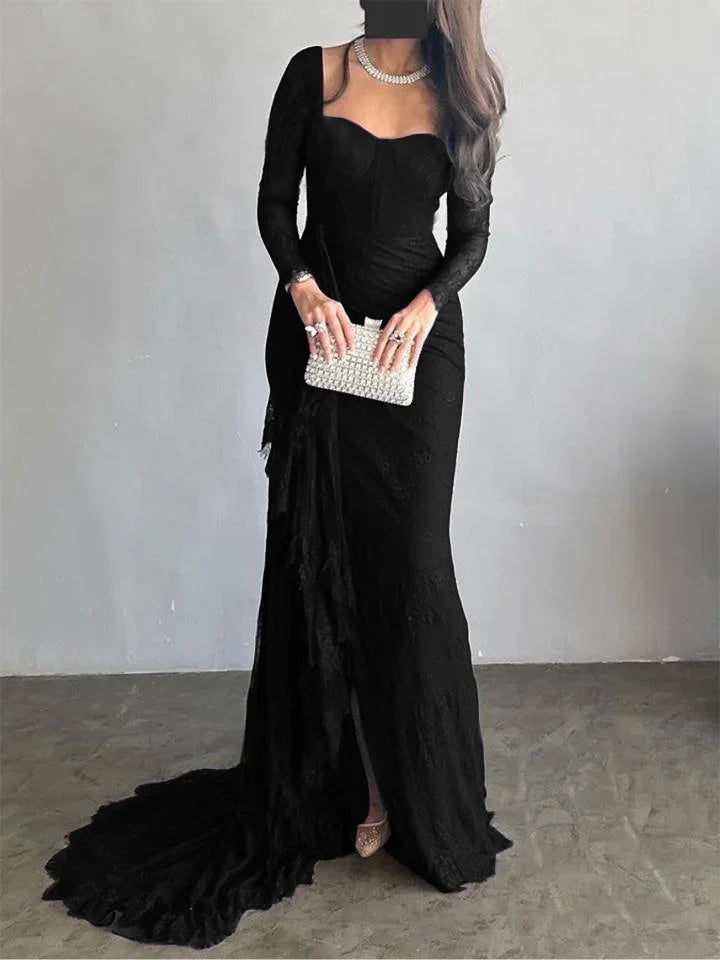 Women's Ruffled Lace Evening Dress Solid Color Square Neck Long Sleeve Skinny Maxi Dress Wrap Hip Party Gowns