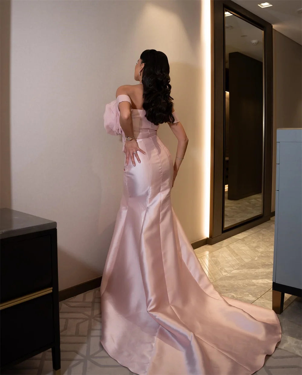 Customized Pink Off Shoulder 3D Flower Prom Dresses Sleeveless Mermaid Evening Dress