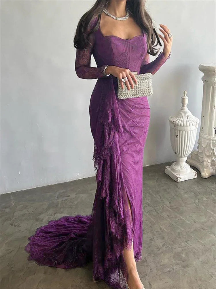 Women's Ruffled Lace Evening Dress Solid Color Square Neck Long Sleeve Skinny Maxi Dress Wrap Hip Party Gowns