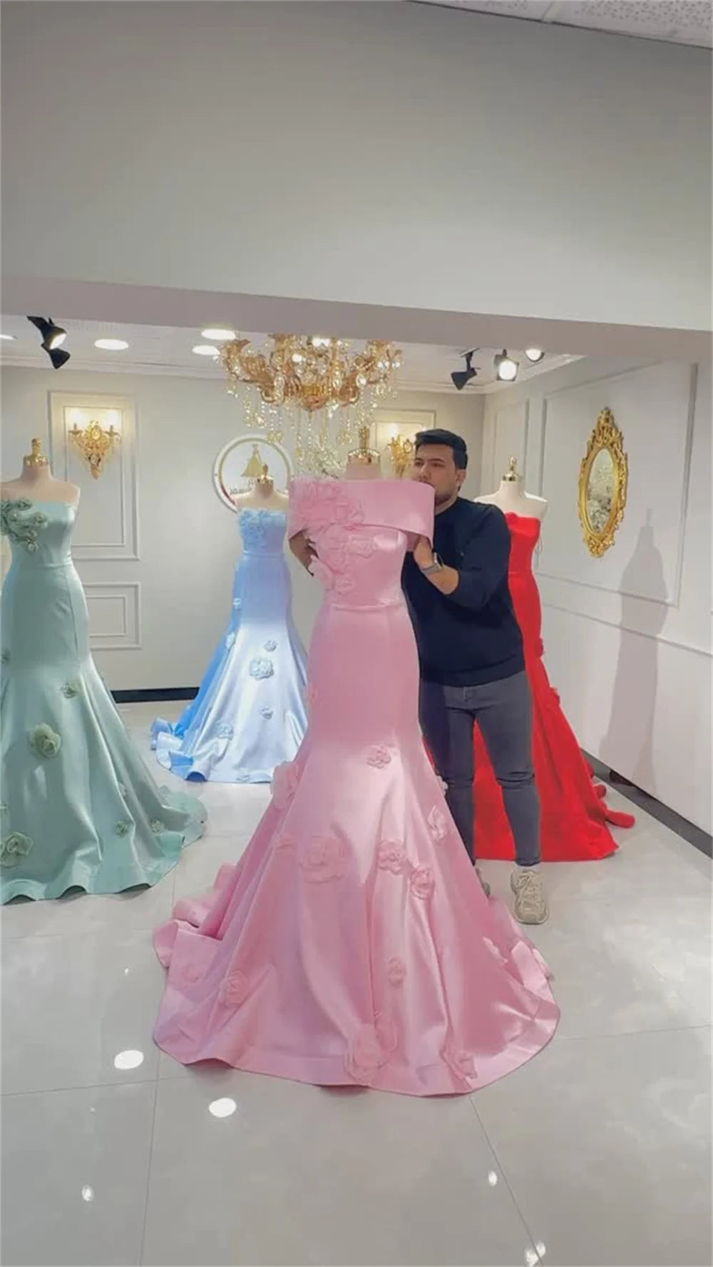 Strapless 3D Flowers Prom Dress Princess Mermaid Floor-length Sleeveless Formal Evening