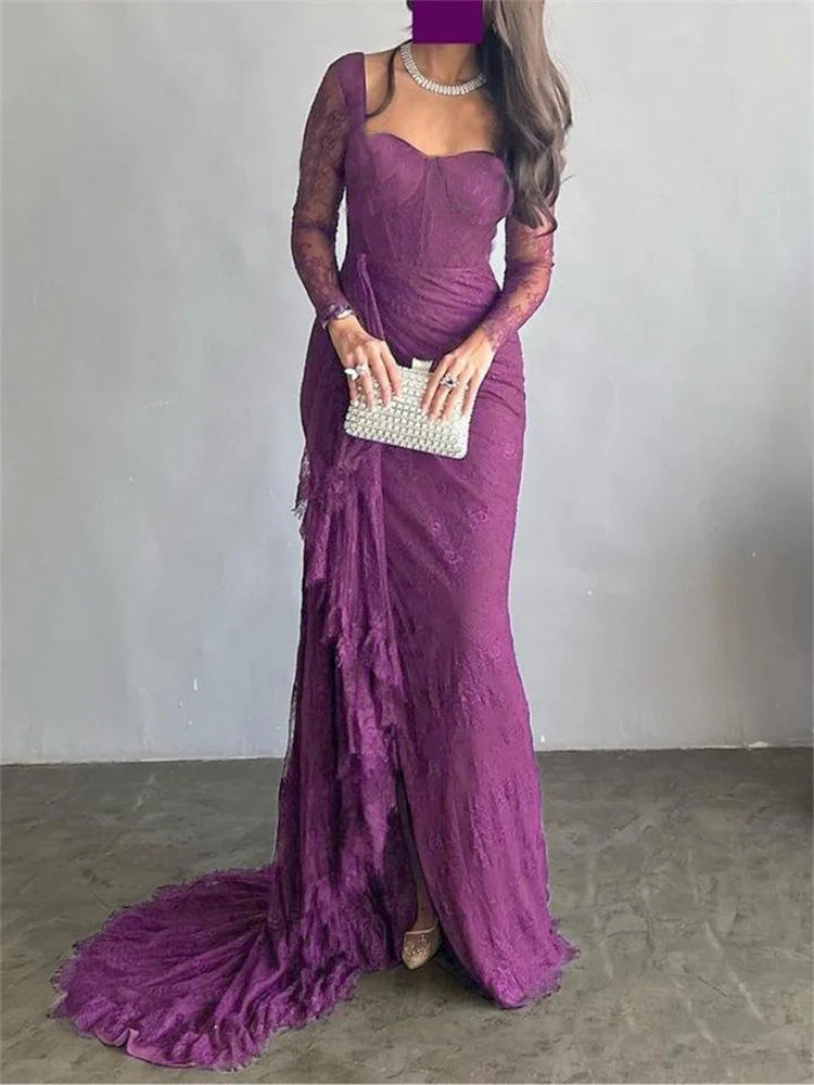 Women's Ruffled Lace Evening Dress Solid Color Square Neck Long Sleeve Skinny Maxi Dress Wrap Hip Party Gowns