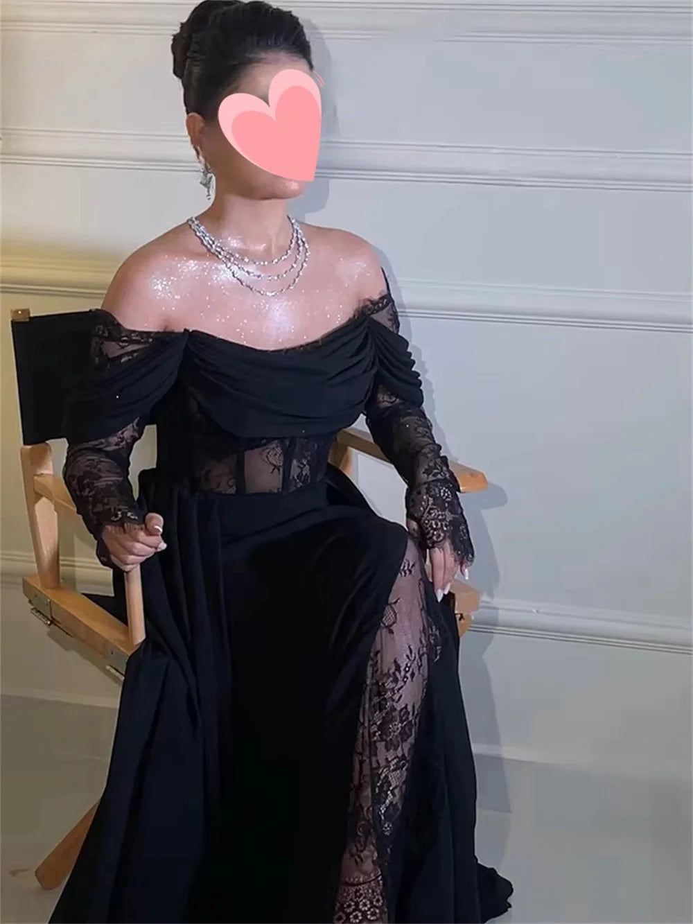 Off Shoulder Lace Long Sleeves Black Formal Evening Dress