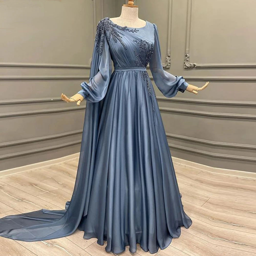 A-line Scoop Neck Arabia Prom Evening Dresses Cap Shoulder Long Sleeves Beaded Sequins Formal Party Gowns