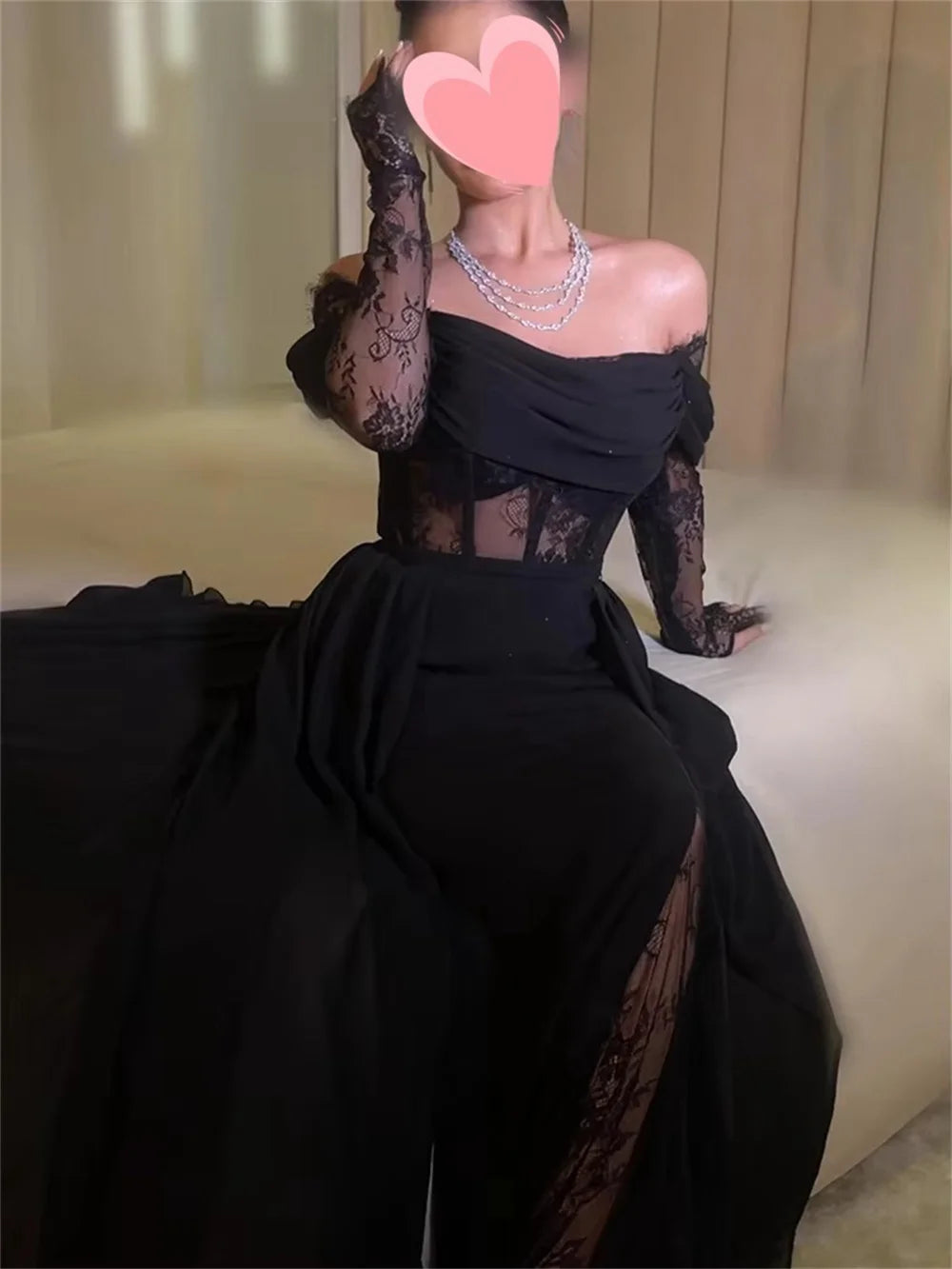 Off Shoulder Lace Long Sleeves Black Formal Evening Dress