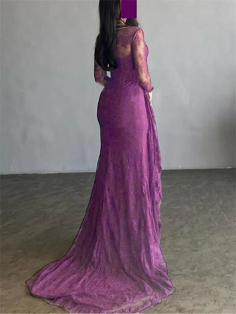 Women's Ruffled Lace Evening Dress Solid Color Square Neck Long Sleeve Skinny Maxi Dress Wrap Hip Party Gowns