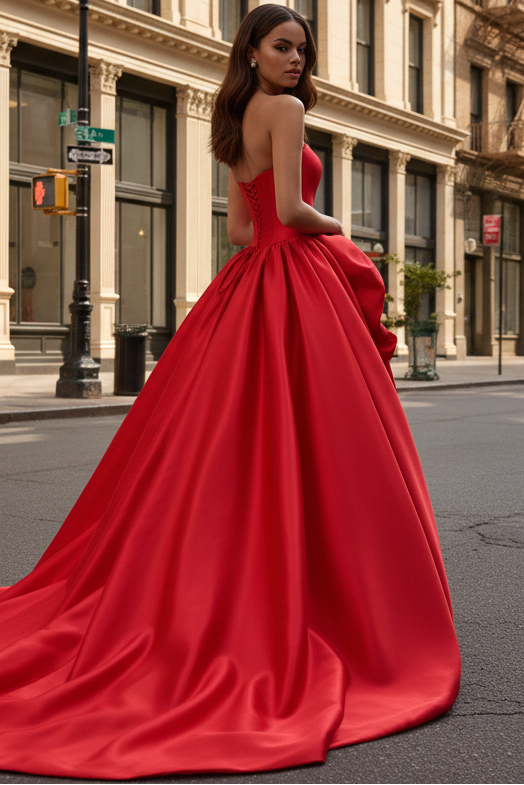 Satin Bubble Hem Rosette Ball Gown Prom Dress