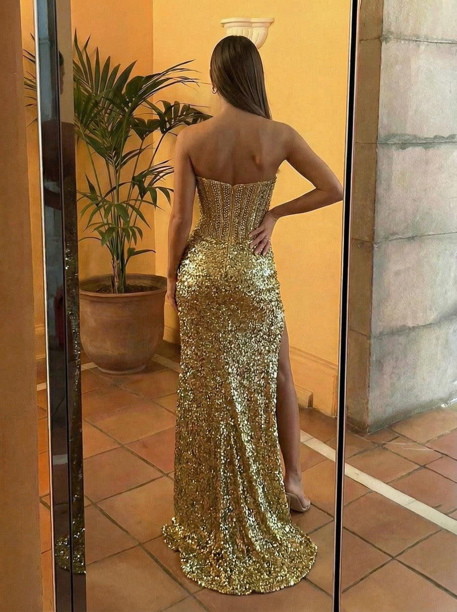 Sheath Strapless Sequin Ruched Floor-Length Prom Dresses with Scarf