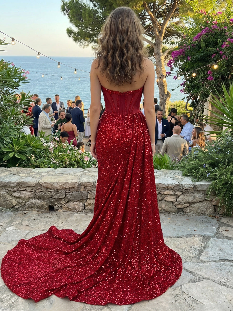 Sheath/Column Sparkly Sequin Strapless Ruched Corset Bodice Prom Dresses Maxi Evening Party Gowns with Slit & Sweep Train