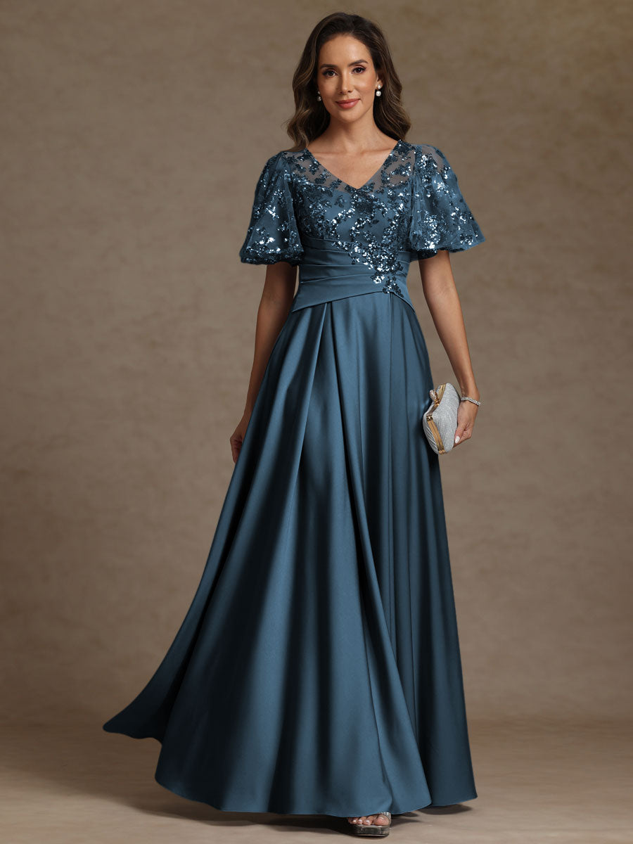 A-Line/Princess V-Neck Illusion Pleated Satin Floor-Length Mother of the Bride Dress