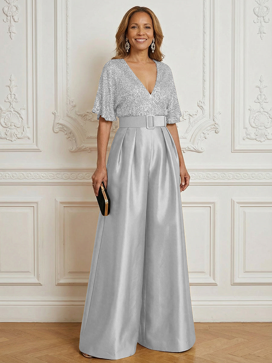 Jumpsuit V Neck Half Sleeve Long Sparkling Mother of the Bride Dresses with Belt