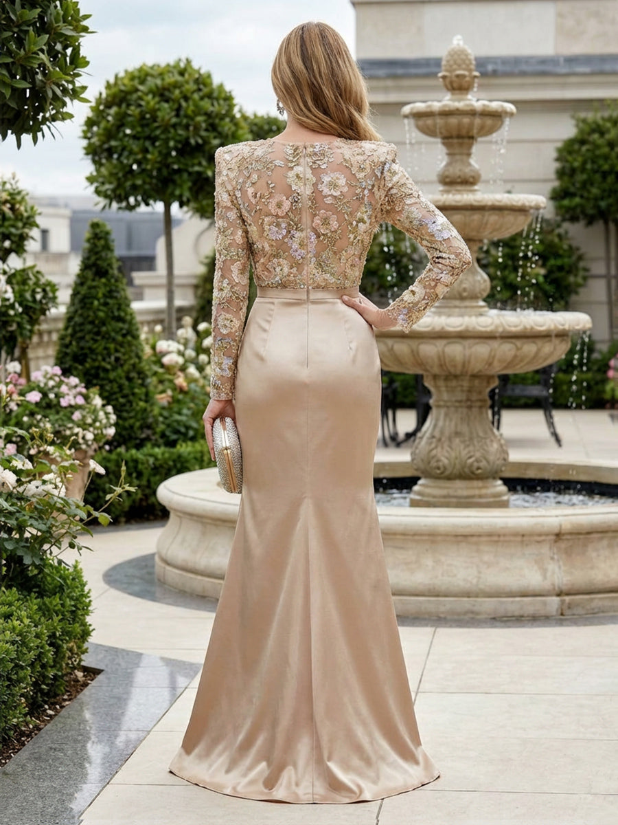 Mermaid Long Sleeves Satin Mother of the Bride & Groom Dresses with 3D Floral Lace Appliques & Ruched Waist