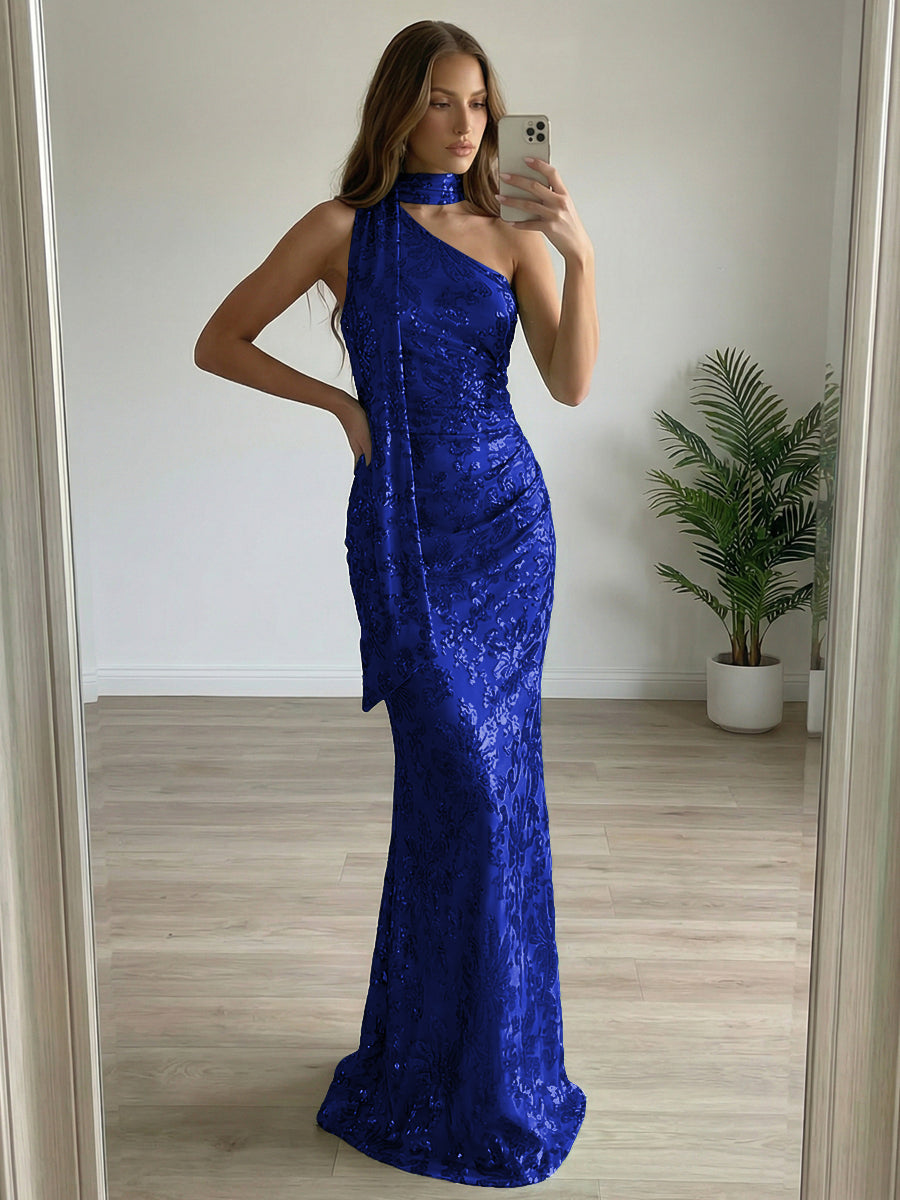 Floral Sequin One Shoulder Ruched Floor-Length Evening Dresses with Scarf
