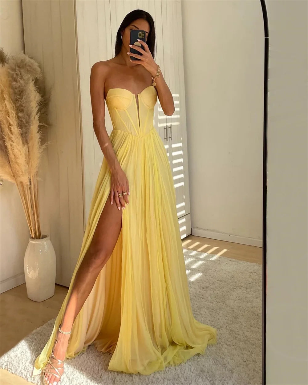 aline yellow dress Yellow Chiffon Prom Dresses Strapless Aline Side Split Wedding Dress C – WhenGirl