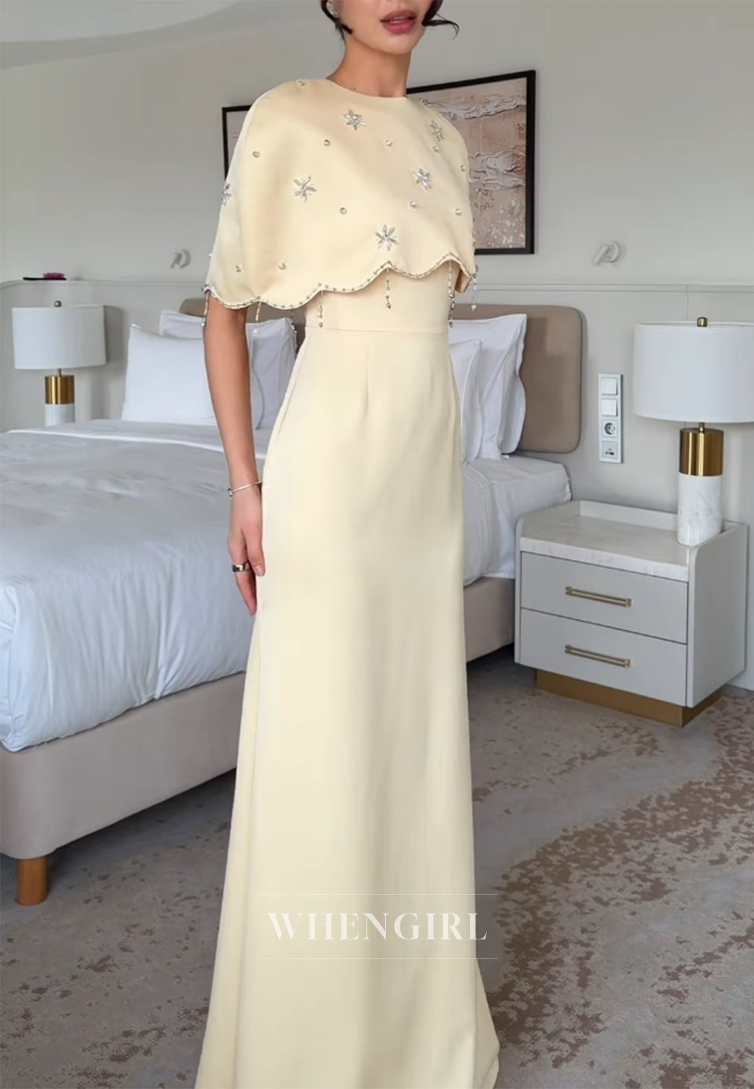 Yellow Beaded Trumpet Formal Dress with Cape