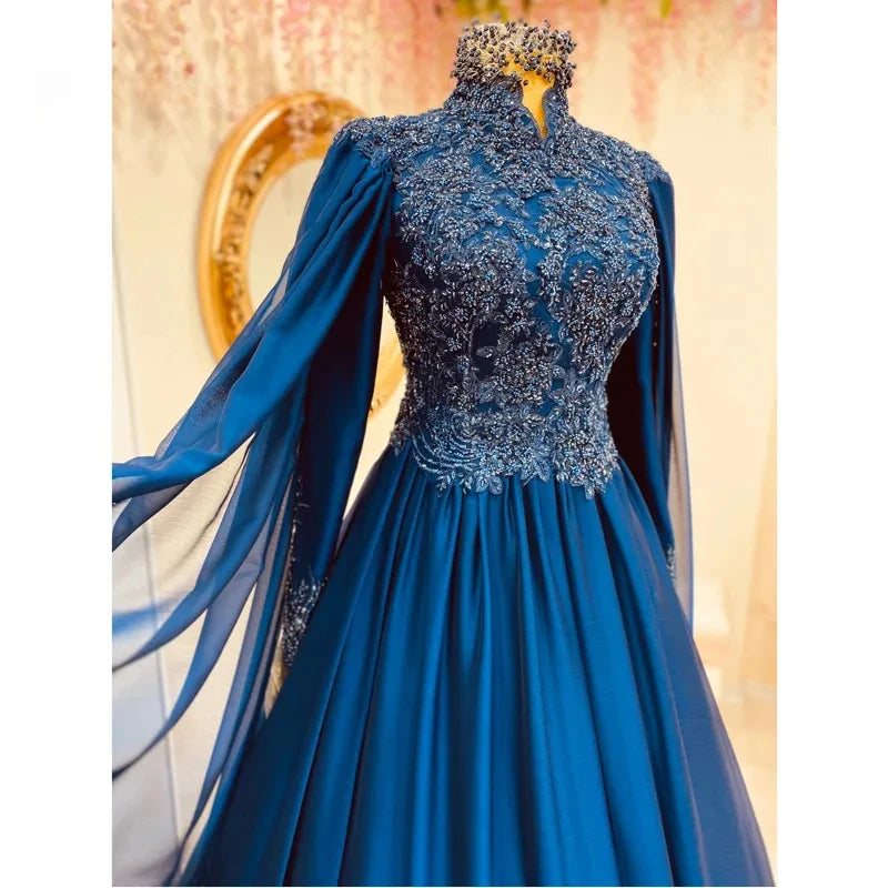 Elegant Chiffon Appliques Beaded Muslim Prom Dress 2025 Saudi Arabic Islamic Evening Formal Party Ball Gowns with Cape