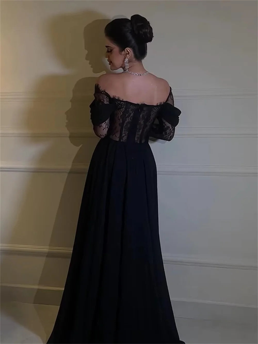 Off Shoulder Lace Long Sleeves Black Formal Evening Dress